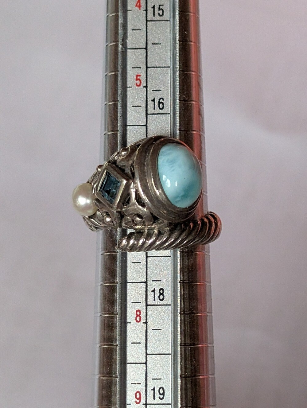 MarahLago Sterling Silver Larimar Cabochon Ring with Pearl Accent - Light Blue - Picture 6 of 8